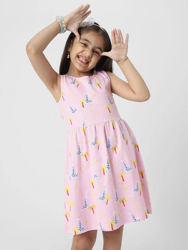 Nautinati  Nautianti Girls' 100% Cotton All-over Palm Tree, Giraffe Print Fit & Flare Dress for Women | Best Price UAE
